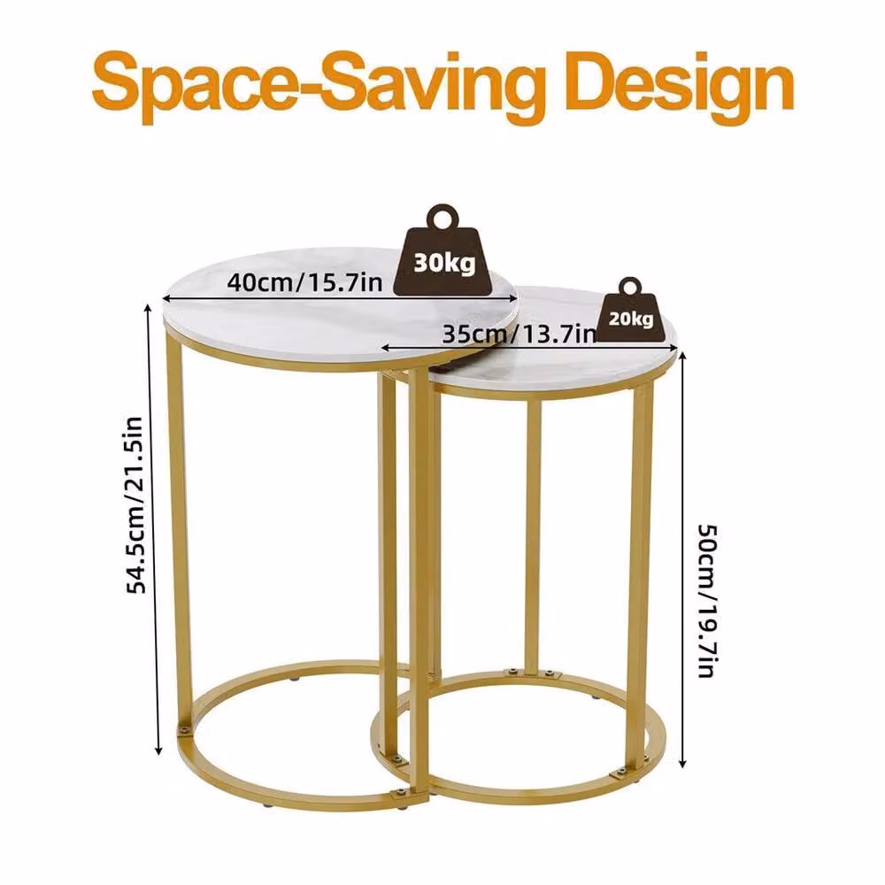 EONLION Modern Round Nesting Coffee Table with White Marble Tops and Gold Sled Base, Width: 100 cm – 2