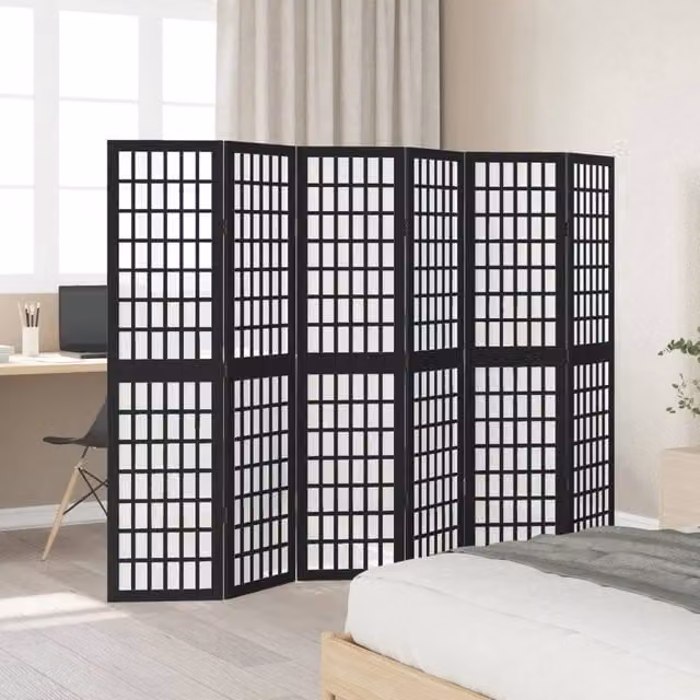 Berkfield Home 6 Panel Room Divider in Black Solid Paulownia Wood, H 215 cm x W 160 cm x D 6 cm – 1