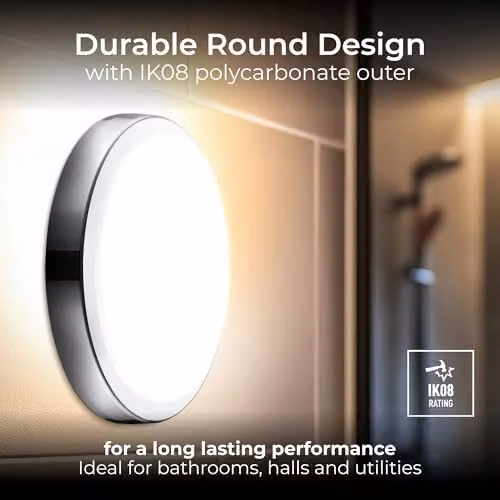 Luceco LED Round Surface Mount Bulkhead Light with CCT Colour Change Temperature, IP54 Rated, 14W, 1300lm, White/Chrome – 4