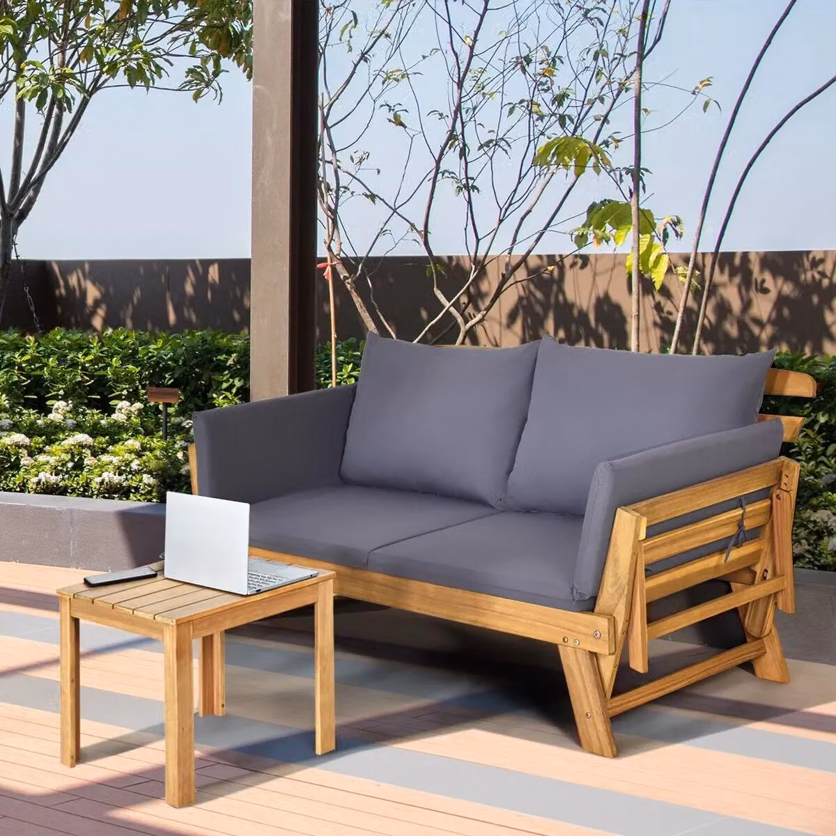 Gymax Convertible Outdoor Daybed and Sofa Bed in Grey Acacia Wood – 7
