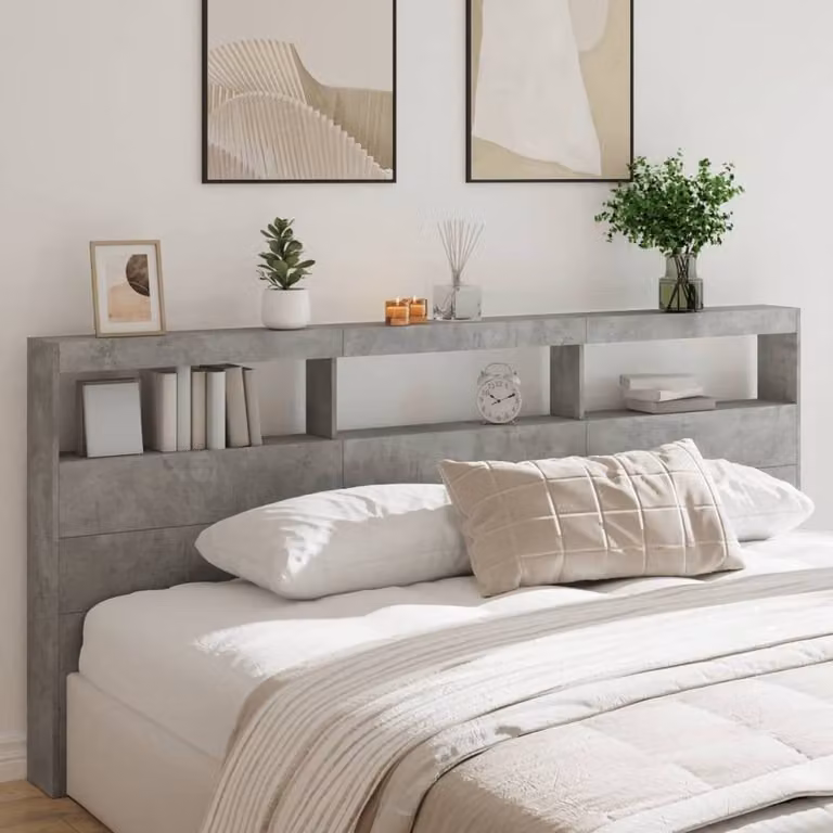 Berkfield Home Modern Wall Mount Headboard Cabinet with LED Lighting and USB Charging Port in Matt Concrete Grey, W: 220 cm, D: 17 cm, H: 102 cm