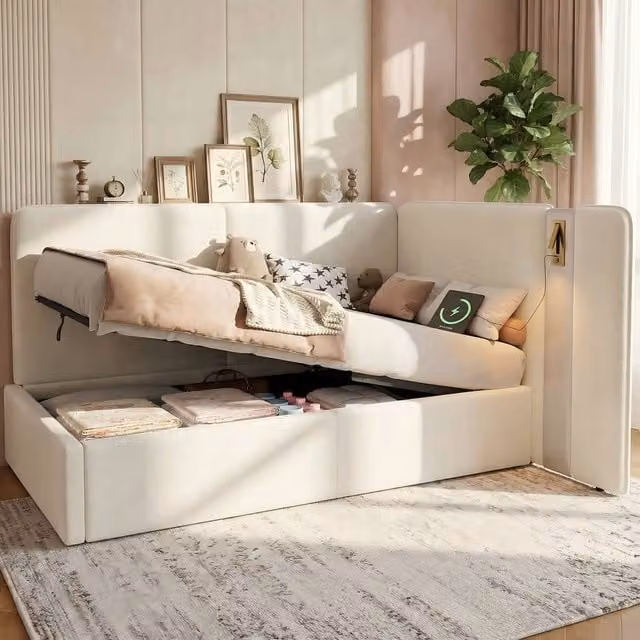 ModernLuxe L-shaped upholstered daybed in beige with hydraulic storage and integrated reading light, W/D/H: 90 x 190 x 100 cm – 1
