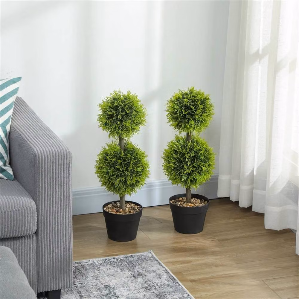 Nordara Set of 2 Green Artificial Round Cypress Ball Topiary Trees with Concrete Pots and Pebbles – 4
