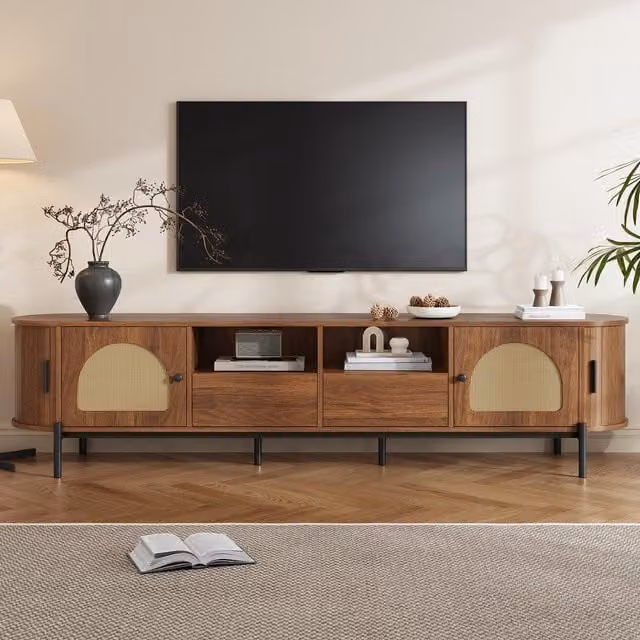 Aosom UK Walnut TV Stand with Rattan Sliding Doors, 2 Drawers and Metal Legs, W: 200 cm, D: 40 cm, H: 50 cm