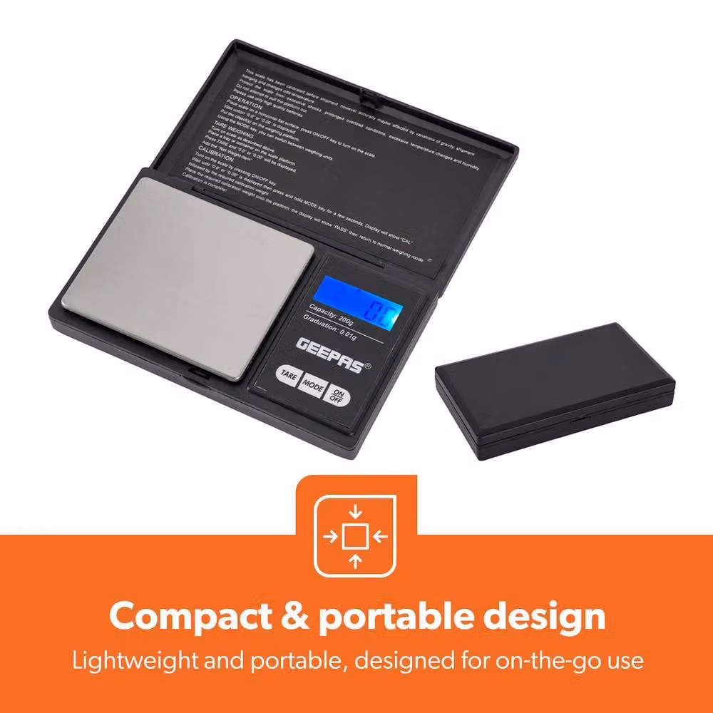 Geepas Black Precision Pocket Scale with 0.01g Accuracy and Stainless Steel Finish, 200g Capacity – 3
