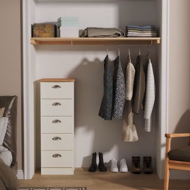 Victoria Ready Assembled 5 Drawer Bedside Cabinet in Cream Ash and Riviera Oak