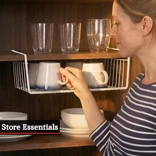 Orsina White Mesh Under Shelf Hanging Storage Basket, Metal Wire Organizer for Kitchen, Living Room or Bathroom, W: 39 cm x D: 26 cm x H: 14 cm – 4