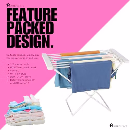 Homefront 130W Electric Heated Clothes Airer in Silver and White with 8 Aluminium Heated Bars and 6.5m Drying Space – 2