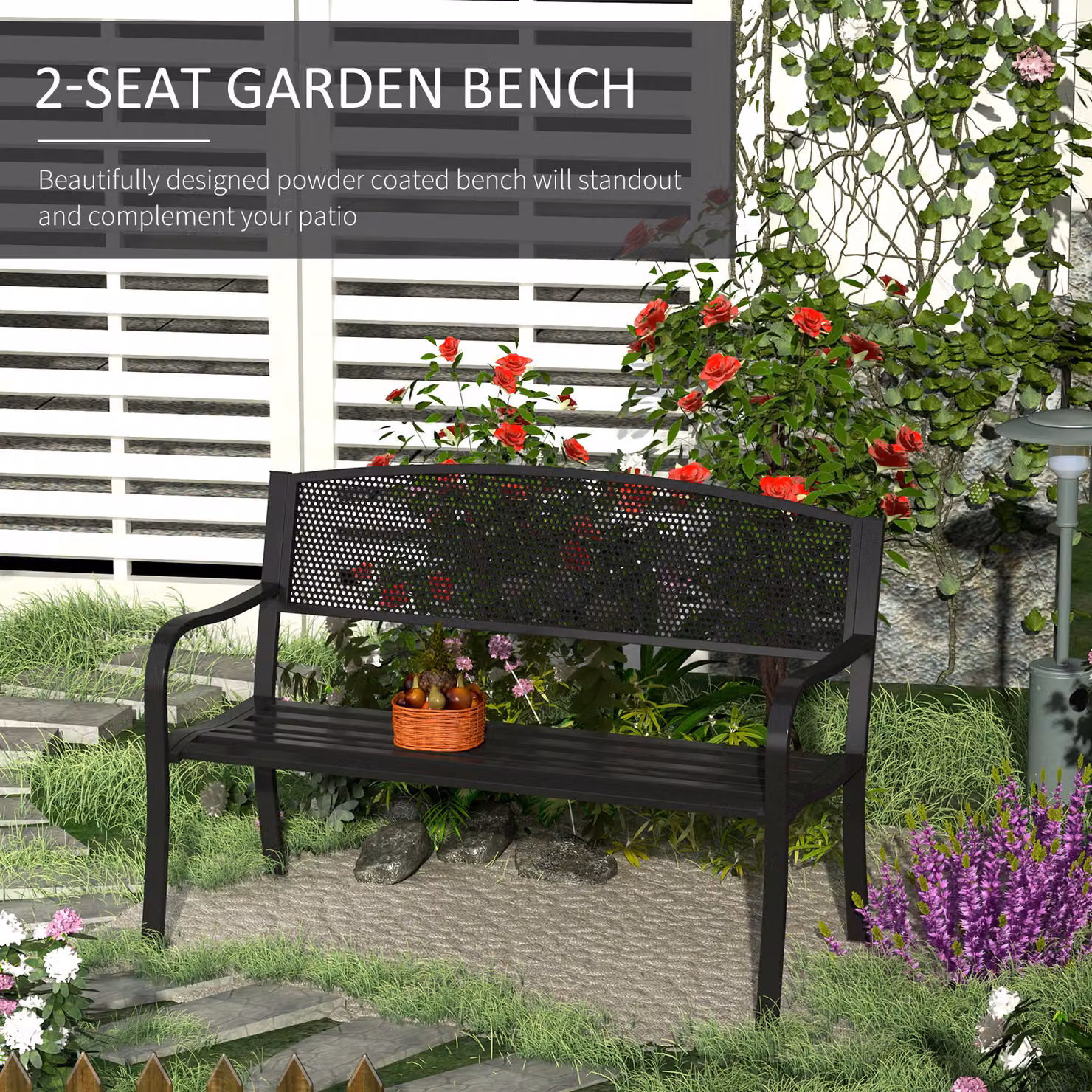 Outsunny 2 Seater Metal Garden Bench with Armrests in Black – 4