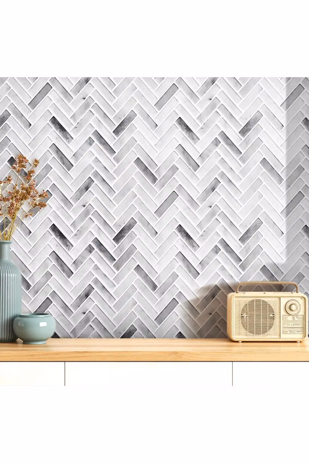 Living and Home 10-Piece Gradient Grey Self-Adhesive 3D Herringbone Wall Tile Stickers – 2