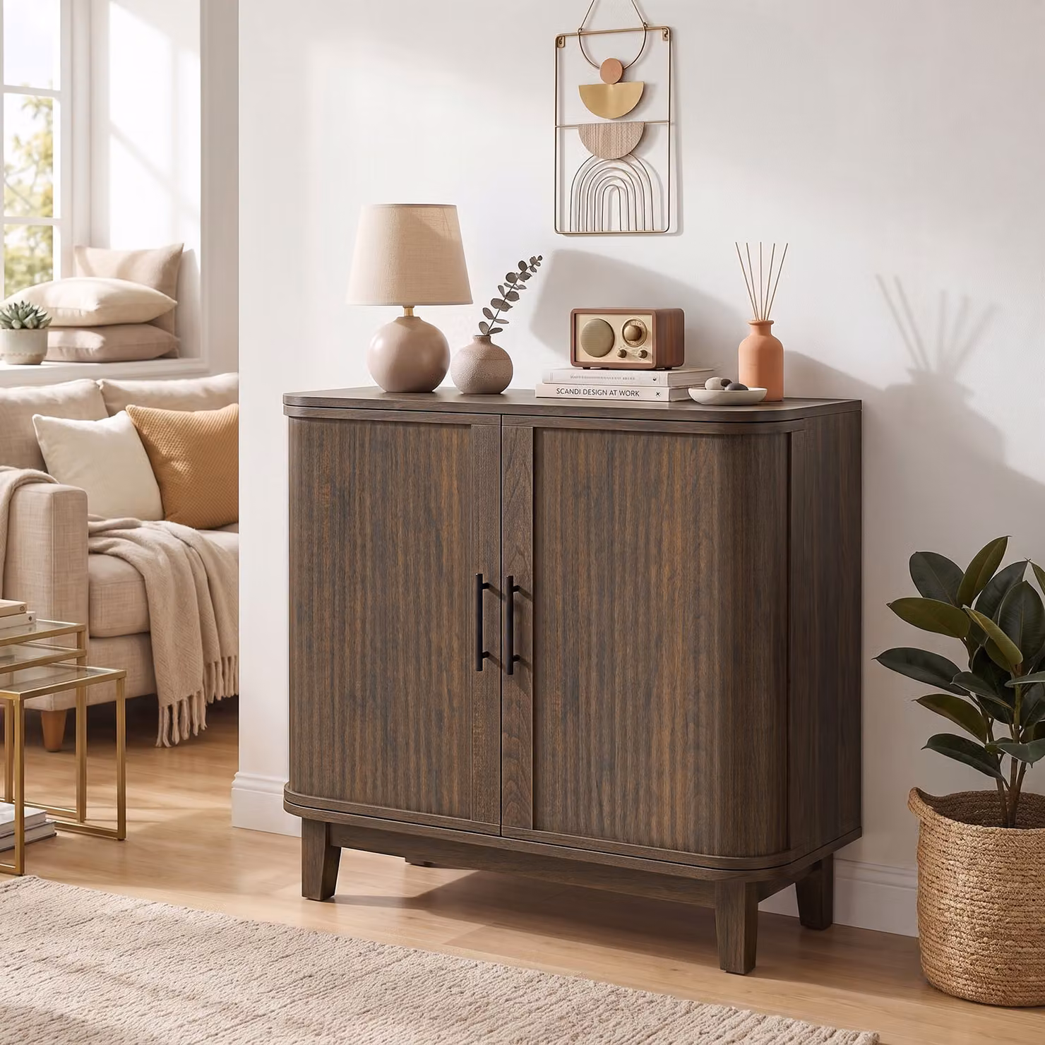 HOMCOM Sideboard Buffet Cabinet in Dark Walnut with 2 Curved Doors and Adjustable Shelf for your Dining Room or Living Room, W: 72.5 cm, D: 40 cm, H: 80 cm – 2
