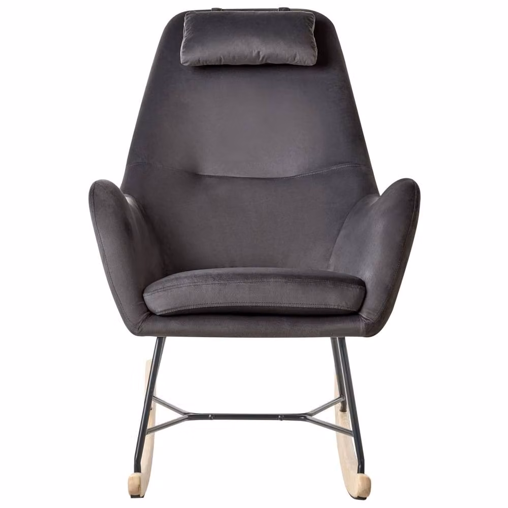 Wyld and Coco Grey Velvet Rocking Chair with Armrests and Mixed Wood and Metal Legs – 3