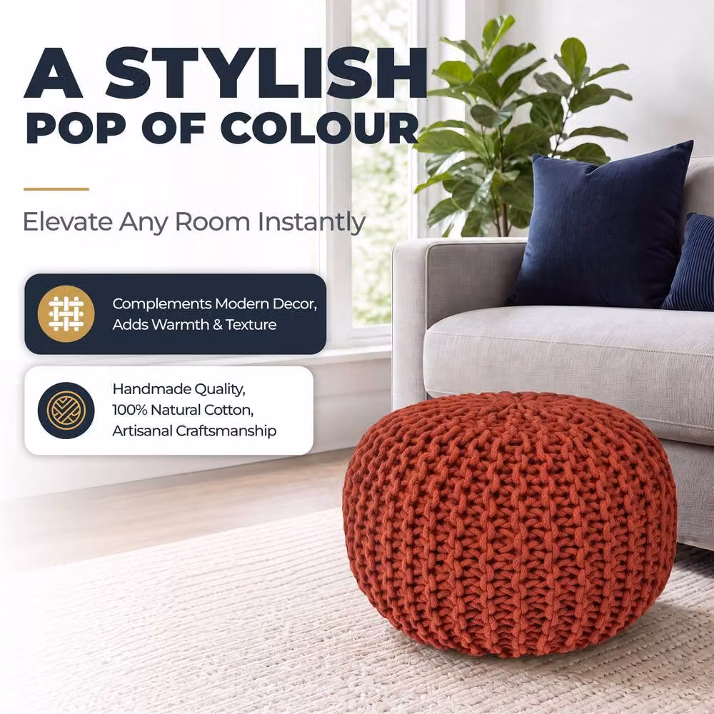 Bravich LTD Chunky Knitted Cotton Pouffe Footstool in Orange, Diameter: 50 cm – 5
