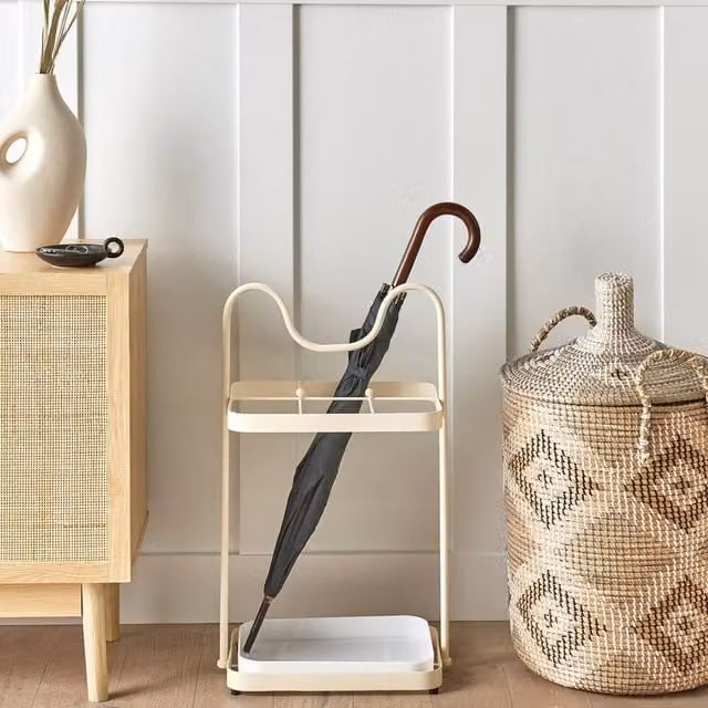 Wyld and Coco Beige Metal Umbrella Stand with Removable Drip Tray, H 65.0 cm x W 26.0 cm