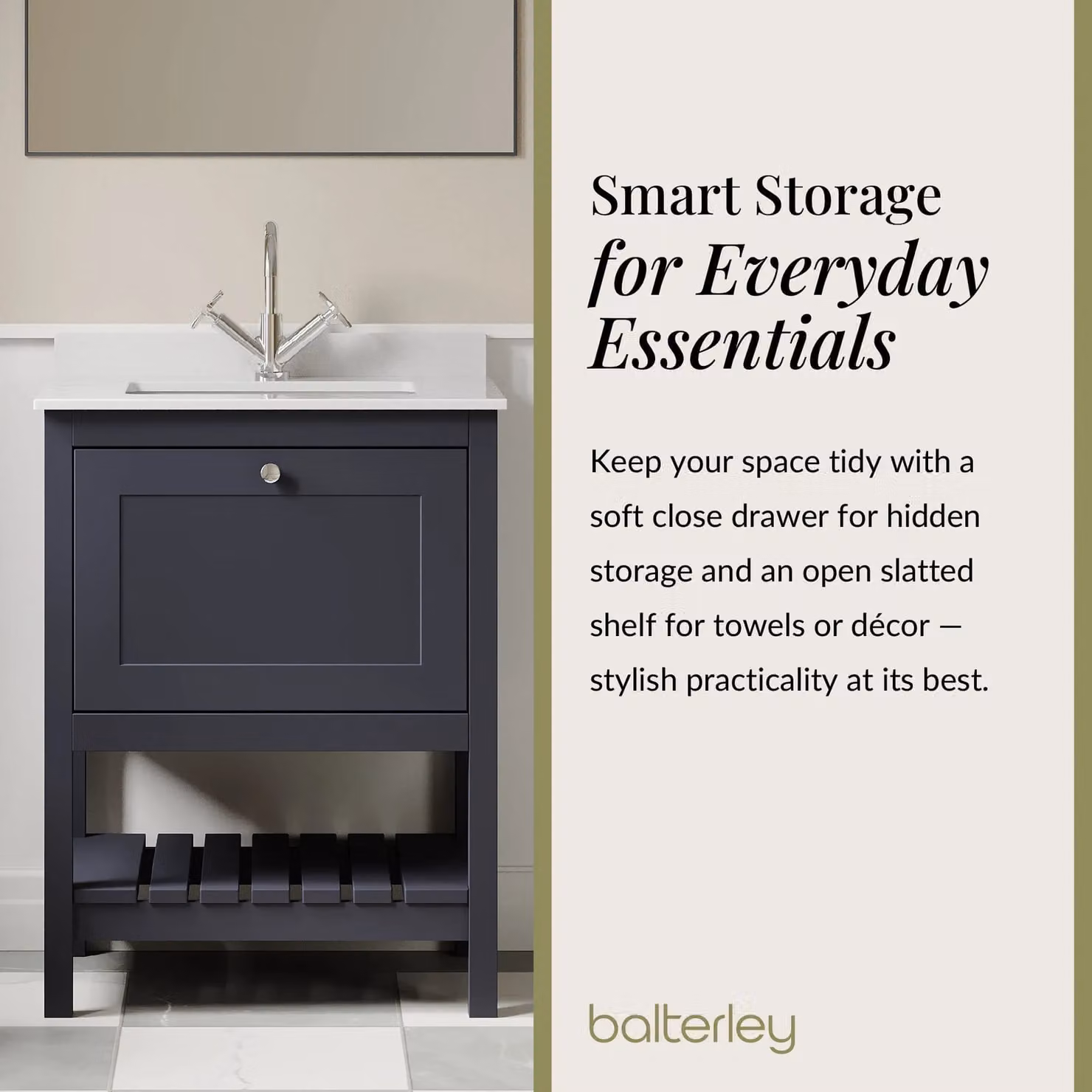 Balterley Freestanding Bathroom Floor Vanity Unit with 1 Drawer and 1 Tap Hole, Indigo Blue and White, W: 60 cm – 4