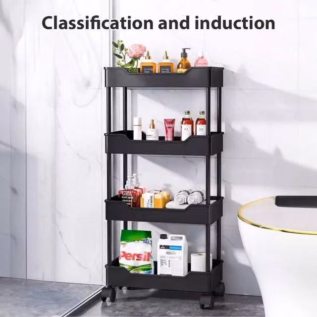 Kelvenix 4 Tier Black Matt Storage Trolley Cart on Wheels, W: 88 cm, D: 40 cm, H: 40 cm
