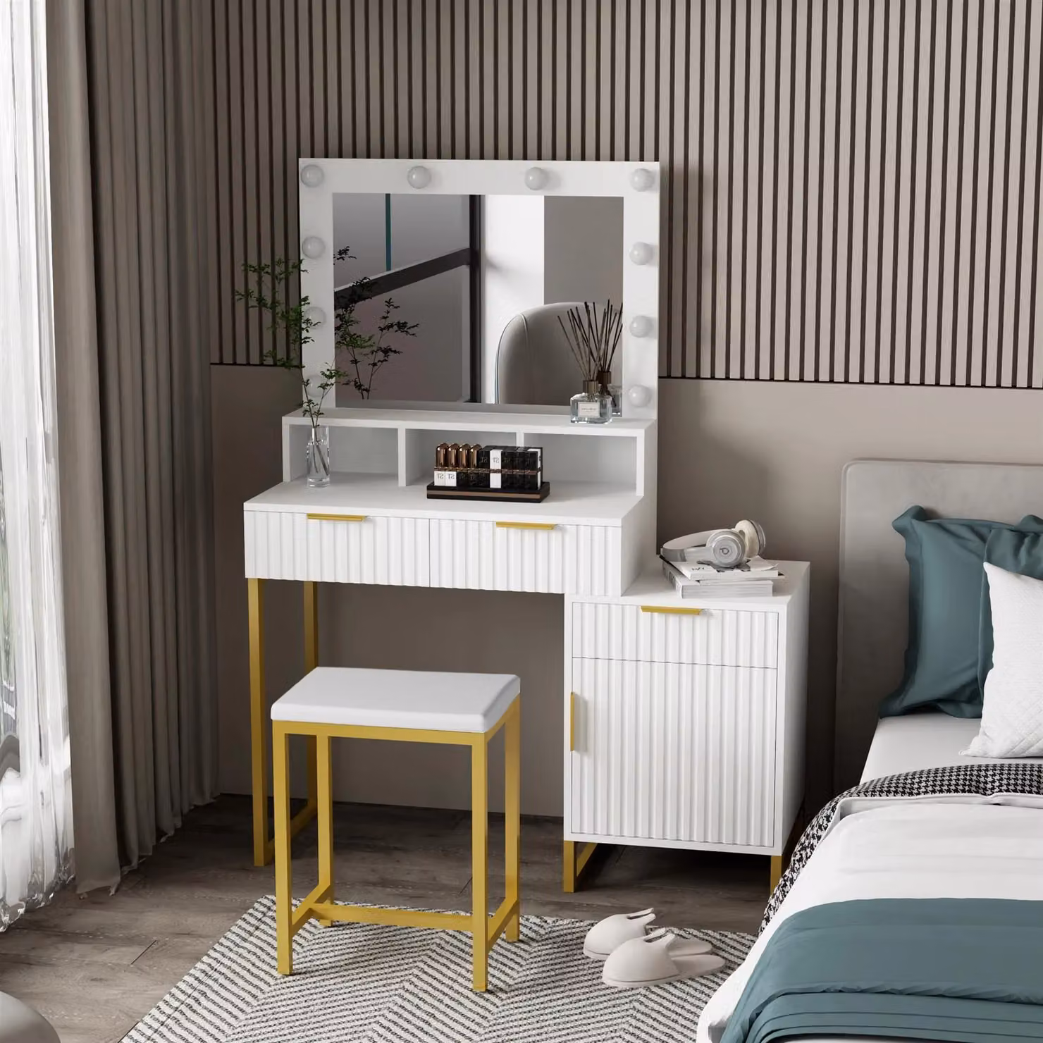 KOSY KOALA Hollywood Style Dressing Table Set with LED Bulb Lights Mirror, Storage Cabinet and Stool in White and Gold, W/D/H: 140 x 40 x 100 cm – 3