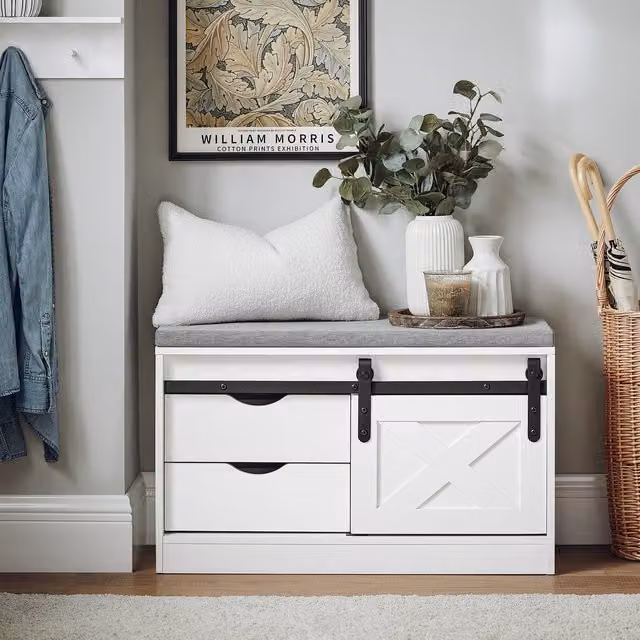 SoBuy White Shoe Bench with 2 Drawers and Sliding Door