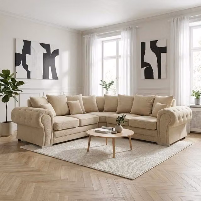 Abakus Direct Verona L-Shape Corner Sofa in Cream Linen Chenille Fabric