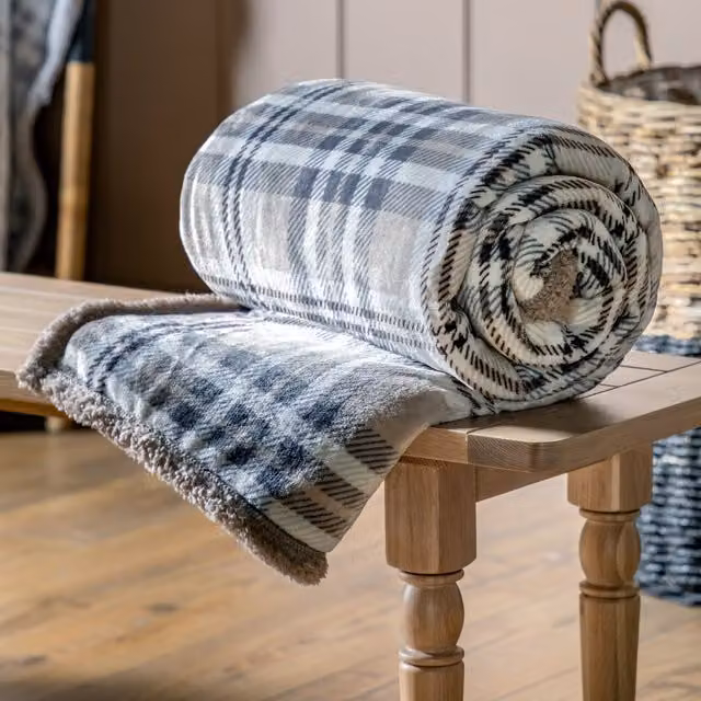 Terrys Checked Reversible Double Face Fleece Sherpa Throw in Grey, W/D/H: 152 x 177 cm