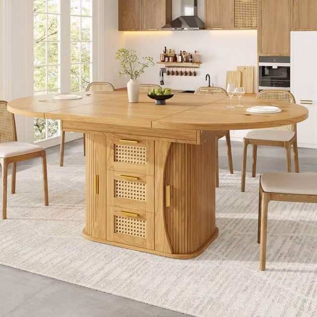 Merax Extendable Round to Oval Wooden Dining Table with 2 Rattan Drawers in Natural Sand Brown, W: 118 cm, D: 77.1 cm, H: 75 cm
