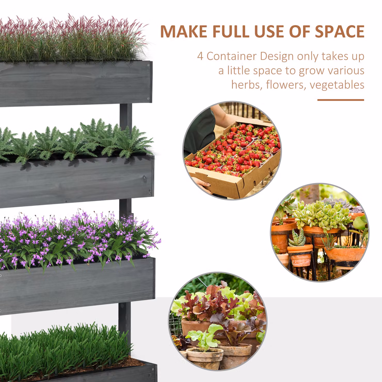 Outsunny 4-Tier Wooden Raised Bed Planter, Grey, H x W x D: 142 x 80 x 45 cm – 4