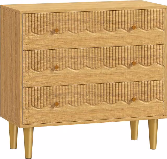 HOMCOM 3 Drawer Chest of Drawers with Steel Frame in Brown Oak – 1