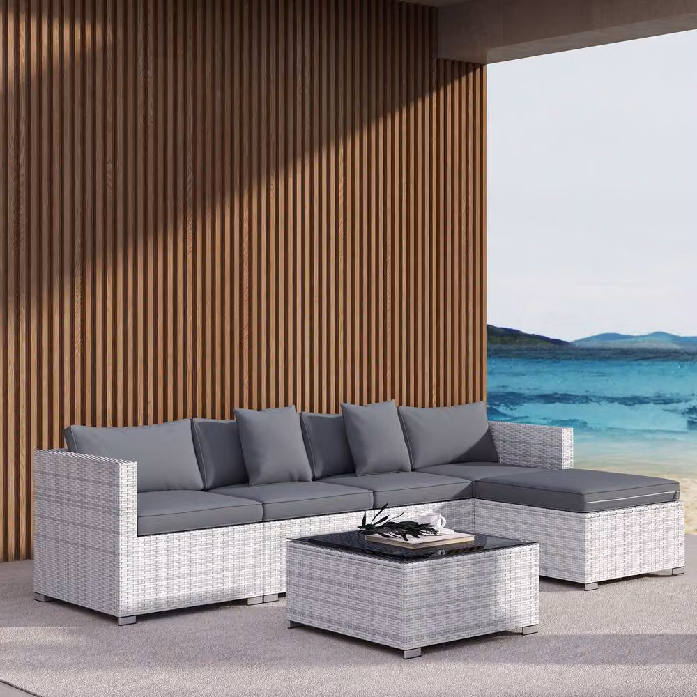 Matteo 6-Piece Mixed Grey Rattan Corner Sofa Set with Glass Table – 6
