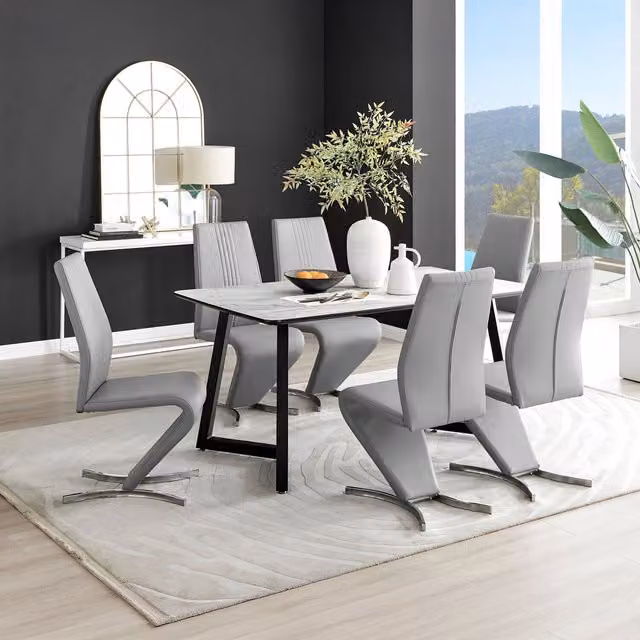 FurnitureboxUK Carson White Marble Effect Dining Table and 6 Willow Chairs in Grey – 1