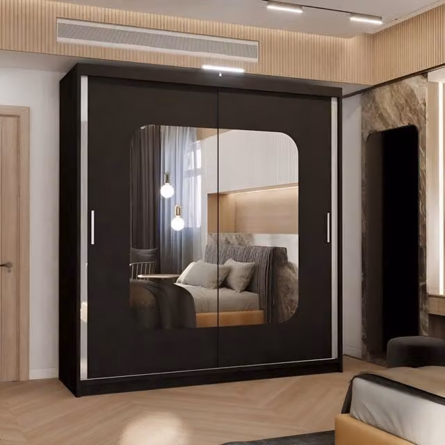 MN Furniture Modern Black Wardrobe with Double Sliding Mirror Doors and Integrated LED Lighting W/D/H: 203 x 217 cm