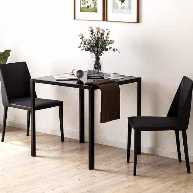 HOMCOM Square Dining Table with Black Glass Top and Metal Legs