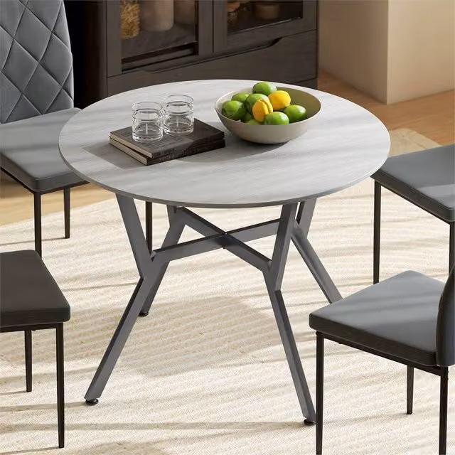 EONLION Grey and Black Modern Round Dining Table with Matt MDF Laminate Top and Metal X-Frame Base, Diameter: 100 cm