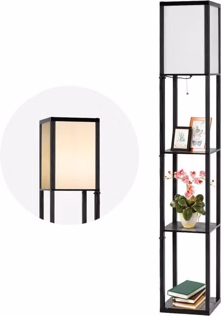 COSTWAY Modern Black Freestanding Floor Lamp with Fabric Shade and Pull Chain