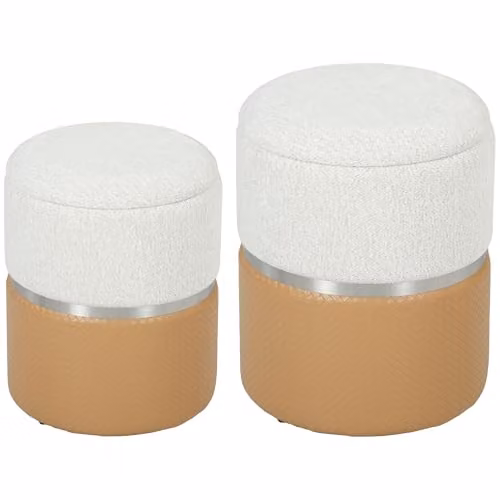 HOMCOM Set of 2 Round Cylindrical Storage Ottomans in Brown, Beige and Silver with PU Leather Upholstery, W/D/H: 36 x 36 x 45 cm and 45 x 45 x 36 cm