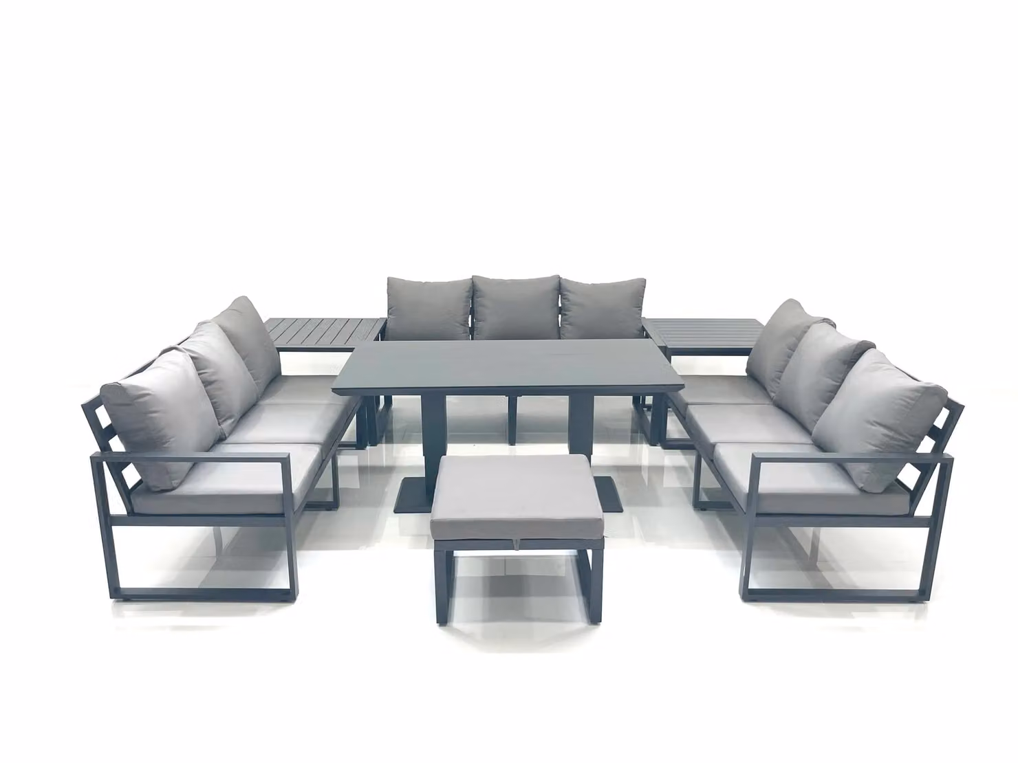 Fimous 10 Seater Aluminium Garden Sofa Set with Height Adjustable Dining Table, 2 Side Tables and Large Footstool in Dark Grey – 2