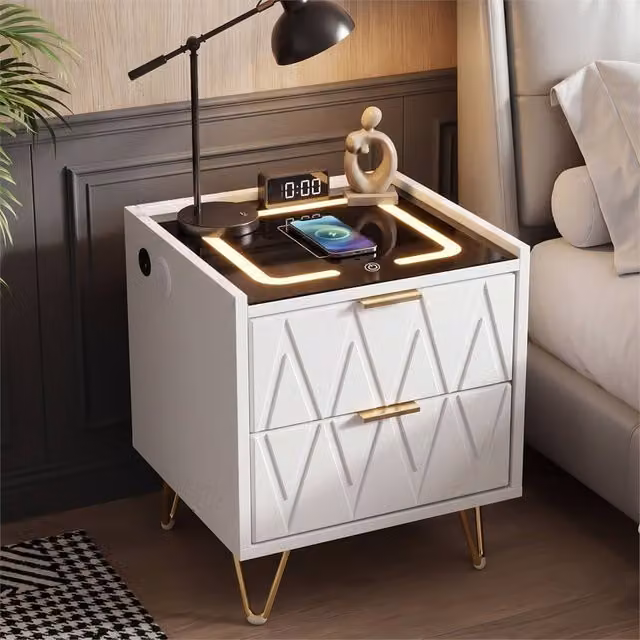 SPETLEK Modern LED Bedside Table with Drawers in White Glossy Finish – 1