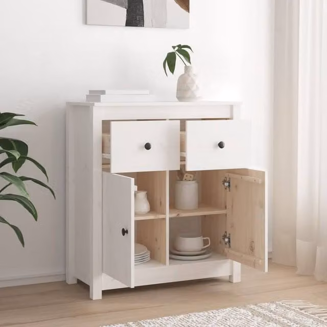 Berkfield Home White Solid Wood Pine Sideboard W/D/H: 70 x 35 x 80 cm