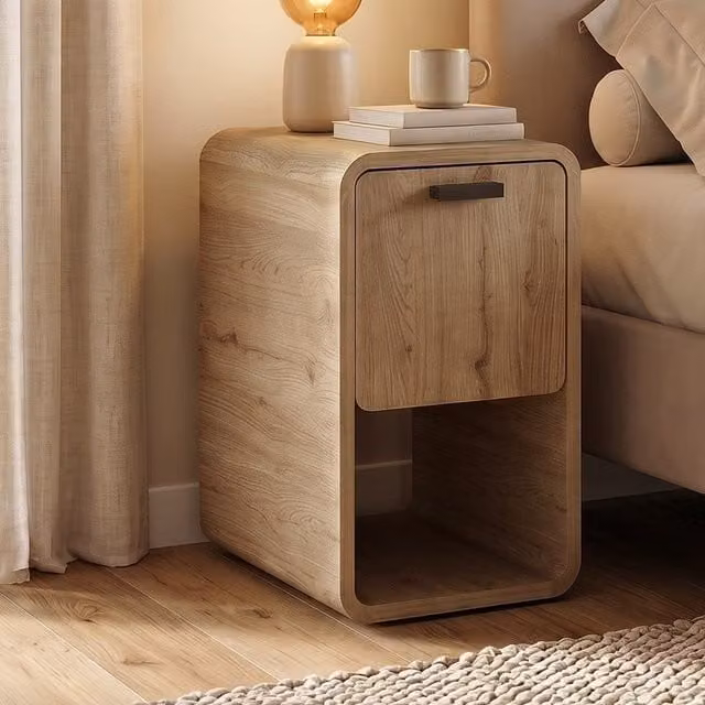 Decortie Rovel Storage Side Table with Drop-Down Door and Shelf in Natural Oak