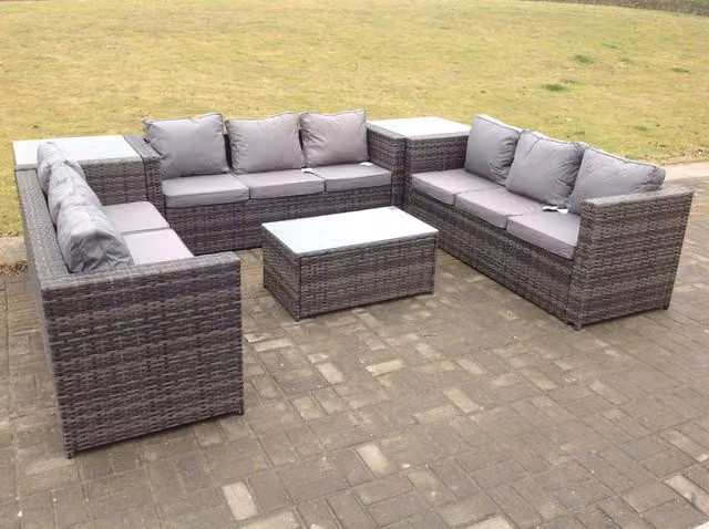 Fimous Outdoor Rattan Garden Furniture Lounge Sofa Set with Oblong Coffee Table and 2 Side Tall Tables in Dark Grey
