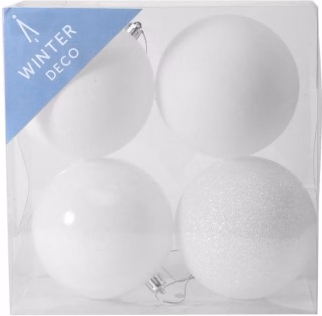 KDMD White Shatterproof Round Christmas Baubles, Pack of 4, Diameter: 10 cm