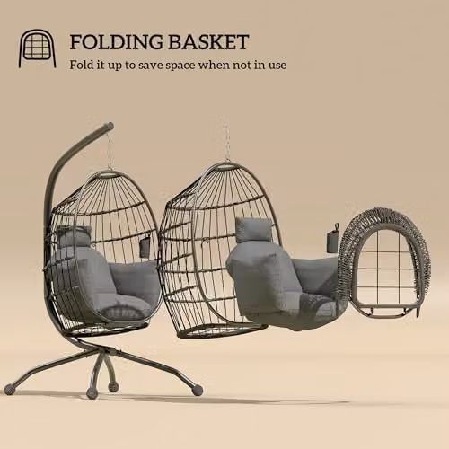 Outsunny Hanging Egg Chair with Folding Basket and Thickened Cushion in Dark Grey – 4