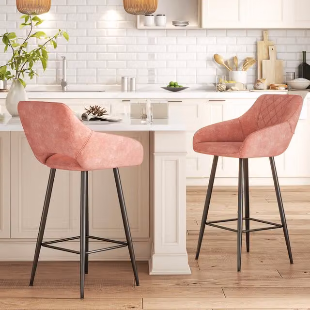HOMCOM Pink Velvet Upholstered Bar Chairs with Metal Frame
