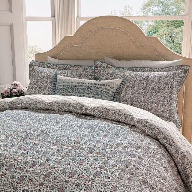V&A Indian Lattice Cotton Duvet Cover and Pillowcase Set in Red, Turquoise and Blue, W/H: 140 x 200 cm