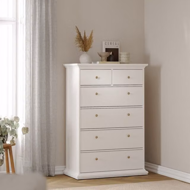 Furniture To Go Paris Classic Chest of 6 Drawers in White, W/D/H: 96.2 x 46.7 x 139.5 cm