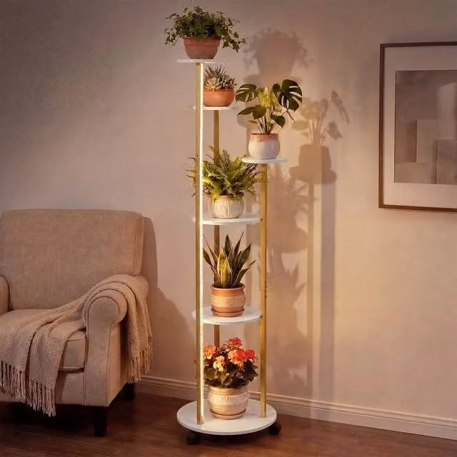SPETLEK 6-Tier Rolling Round Metal Plant Stand with 16-Colour LED Lights, White
