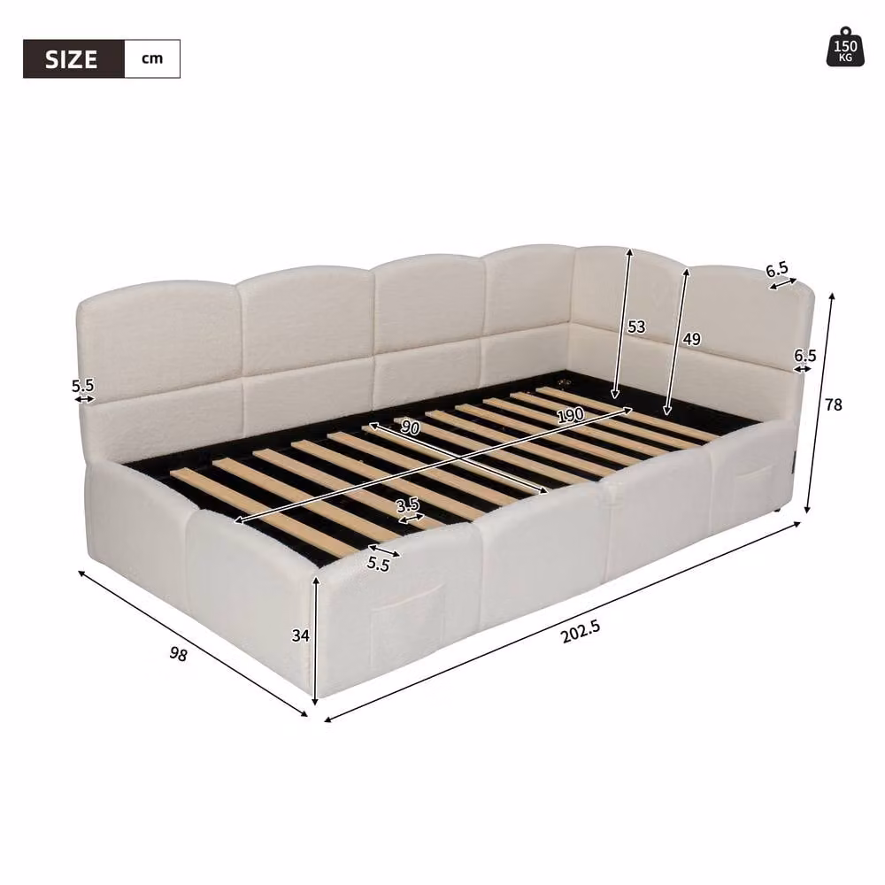 STILVORA Upholstered 3ft Single Bed Frame with USB Charging Port and Lift Up Base in Beige Boucle, W/D/H: 90 x 190 x 78 cm – 2