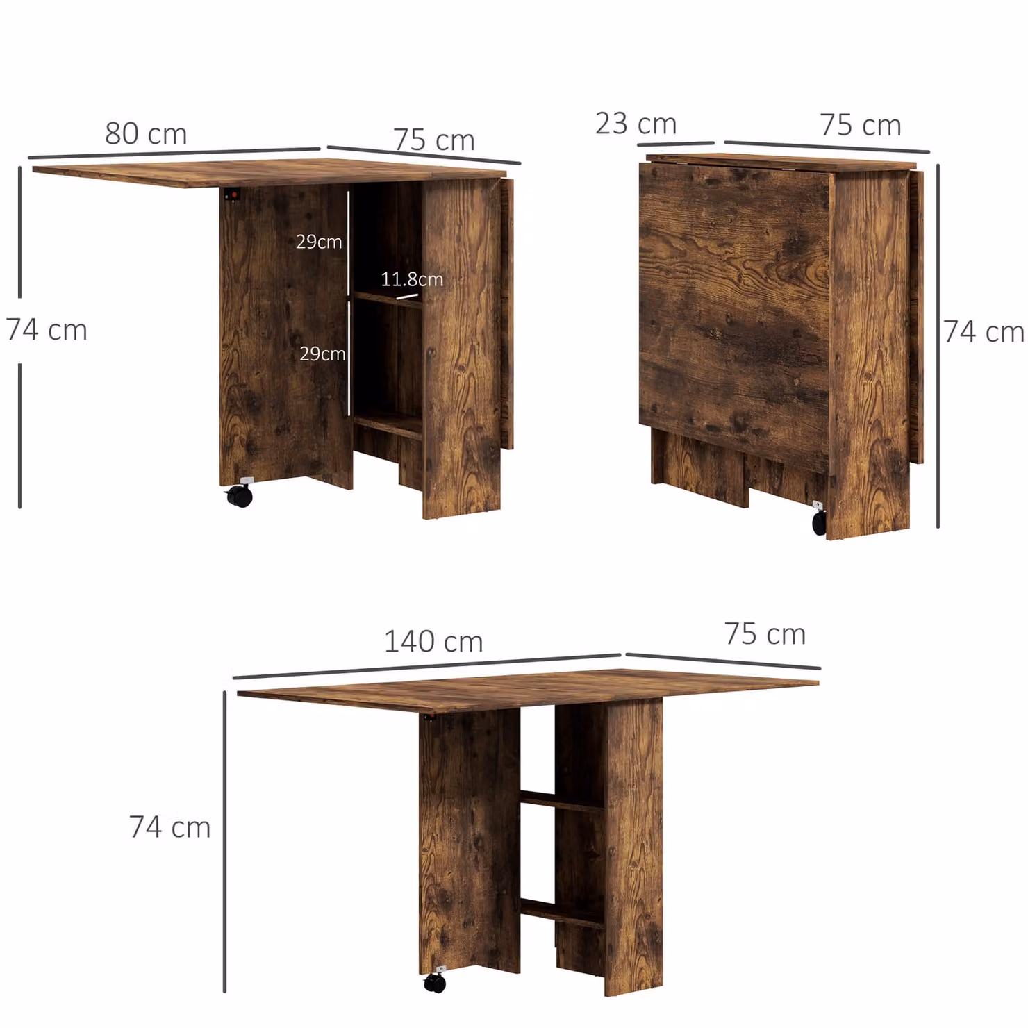 HOMCOM Folding Dining Table with Drop Leaf and 2-Tier Shelves, Rustic Brown, W: 80-140 cm, D: 60 cm, H: 75 cm – 3
