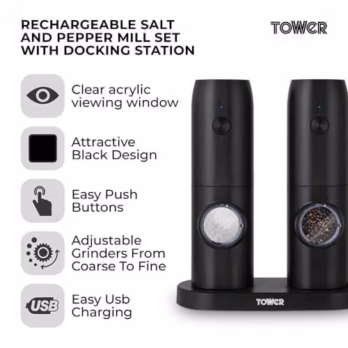 Tower Rechargeable Stainless Steel Electronic Salt and Pepper Mill, Black – 2