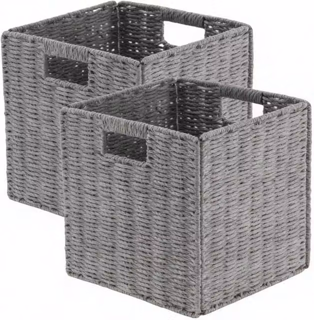 Kelvenix Set of 2 Grey Faux Wicker Open Weave Foldable Plastic Baskets