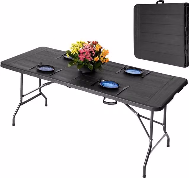 Novecrafto Black Plastic Folding Trestle Table with Powder Coated Steel Frame, W/D/H: 180 x 75 x 74 cm